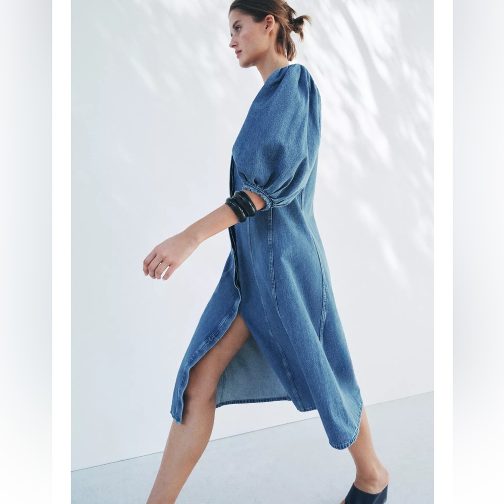 NWT Zara Blue Denim Midi Dress with Balloon Sleeves - Picture 4 of 12